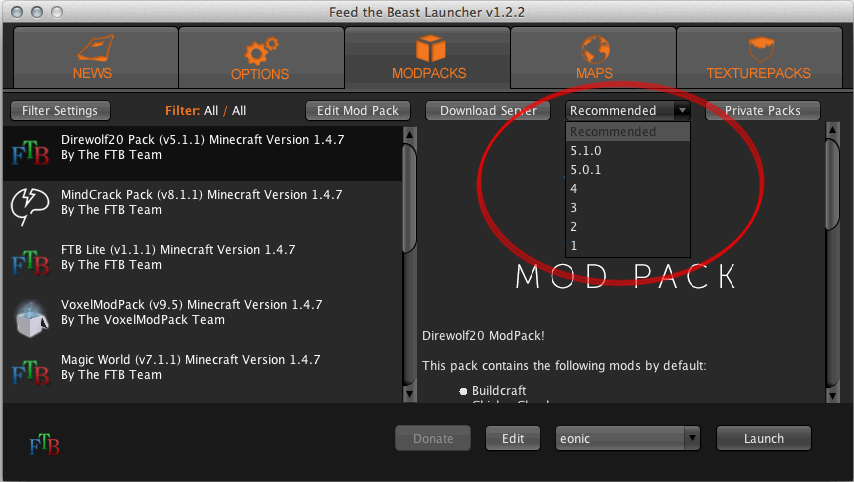 Choosing the recommended build from the FTB Launcher