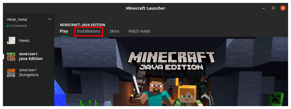Installations tab of the Minecraft Launcher