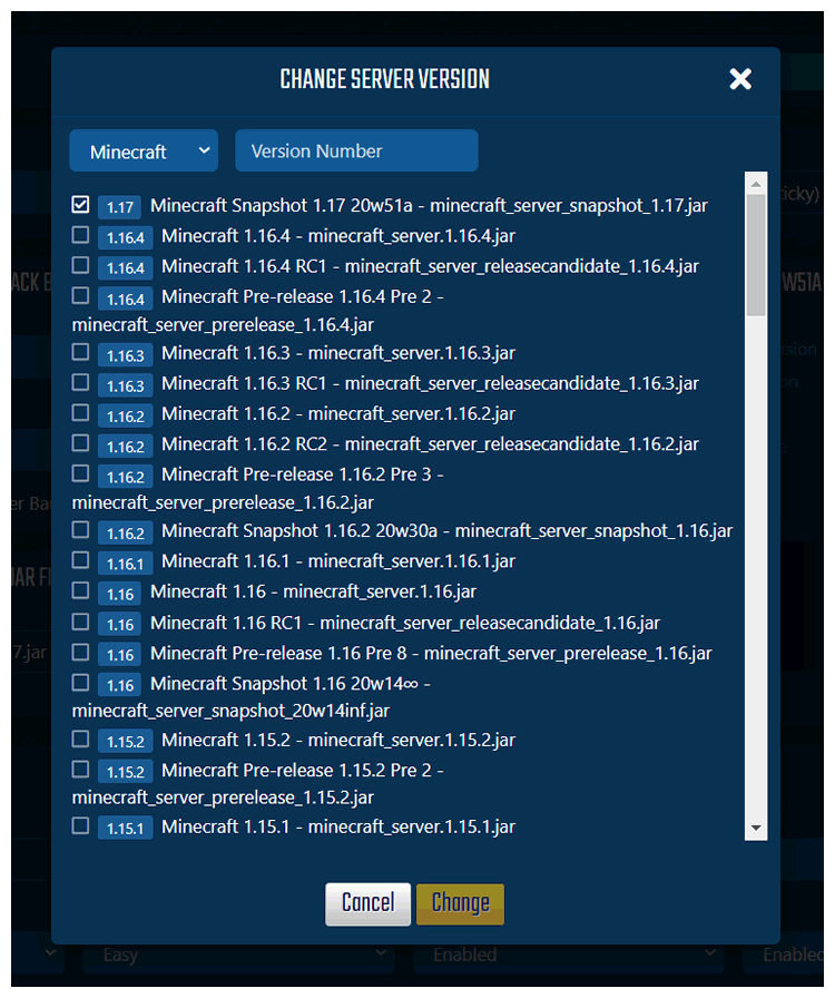 Version dropdown in the instance manager