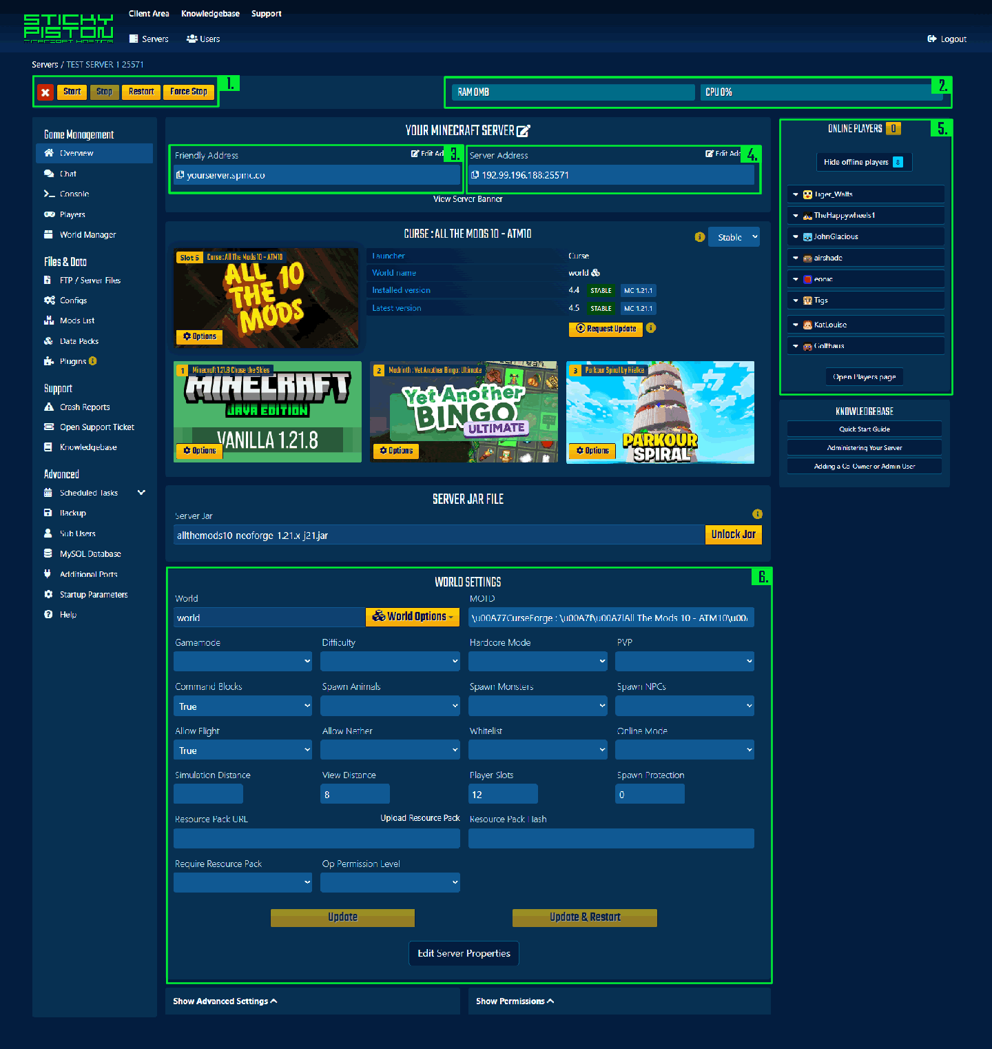 Overview of Multicraft Control Panels available server features