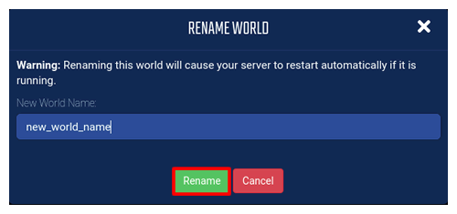 The popup to rename your world using the World Manager